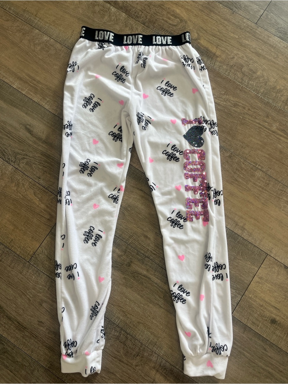 White "I Love Coffee" Lounge Pants with Black LOVE Waistband EUC Mediums